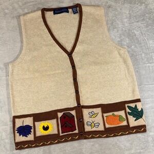 90s Vintage Karen Scott Embroidered Fall Patch Knit Vest | Cream/Brown | L